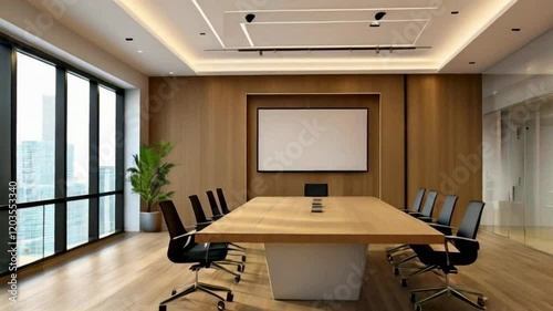 A modern meeting room is shown, featuring a long table, office chairs, and a large monitor against a wooden panel wall. The room is bright with large windows that face an urban scene