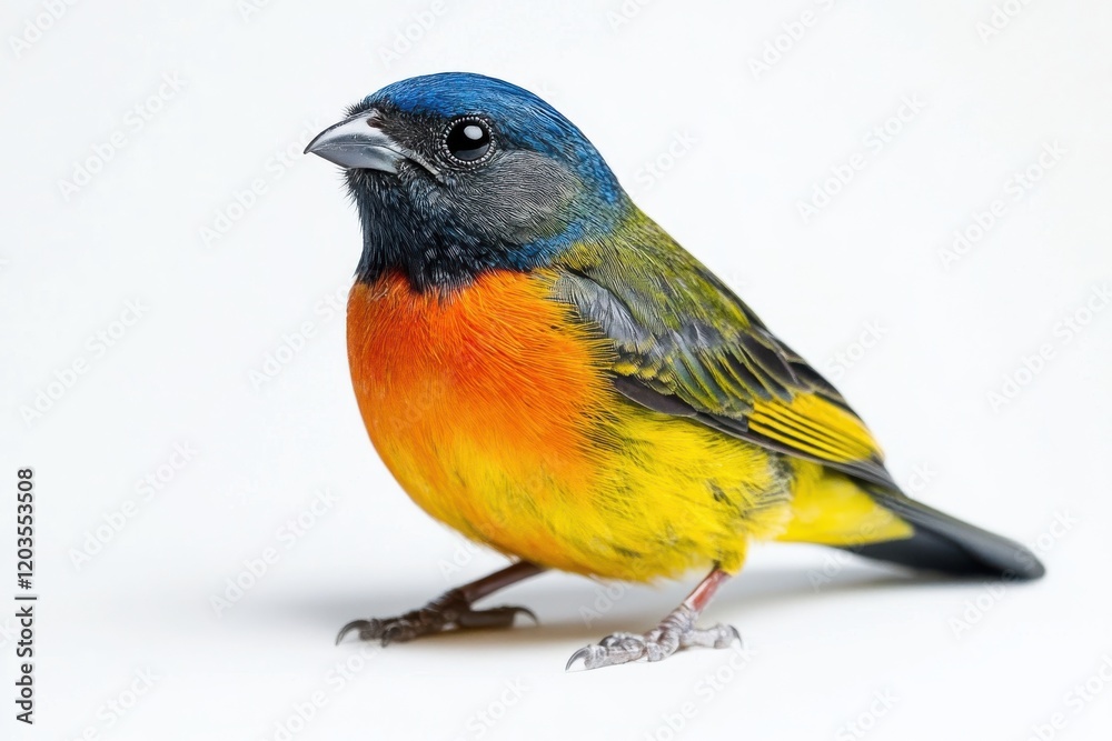Fototapeta premium Vibrant small bird with blue, orange, and yellow plumage.