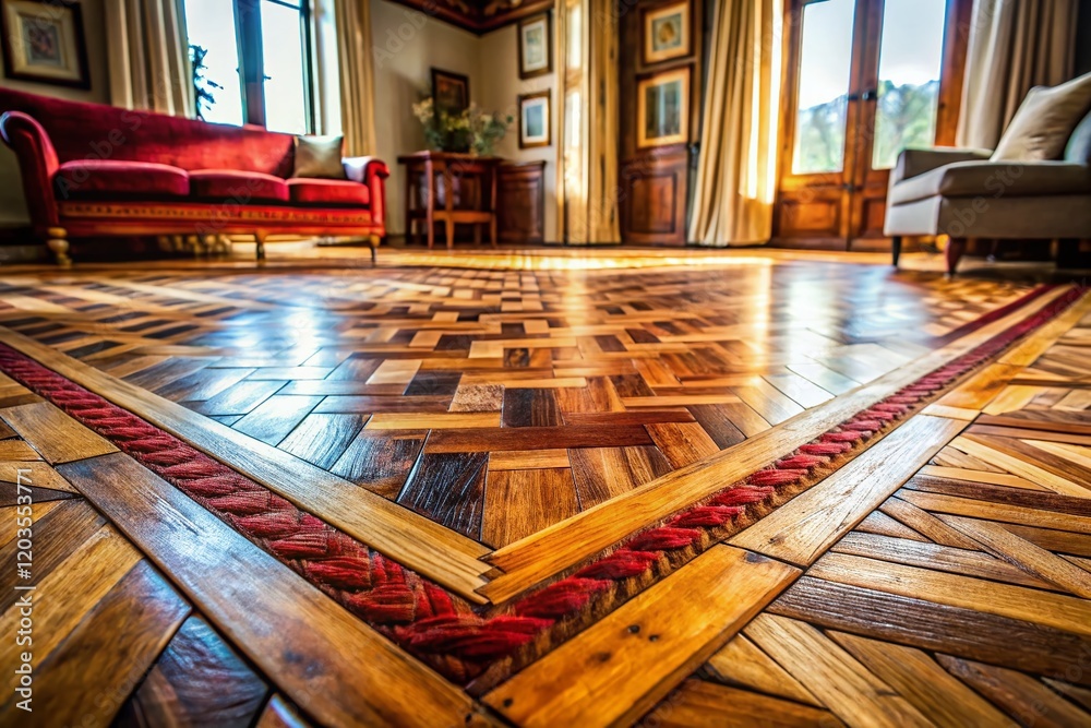 Naklejka premium Authentic Spanish Home Interior: Parquet Flooring and Area Rug Detail