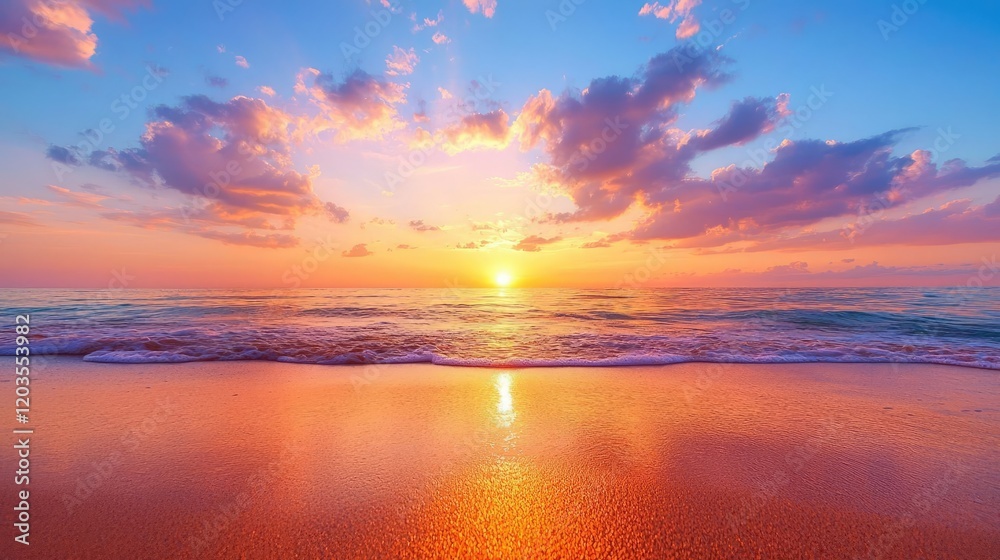 Fototapeta premium Vibrant sunrise over ocean beach; tranquil scene