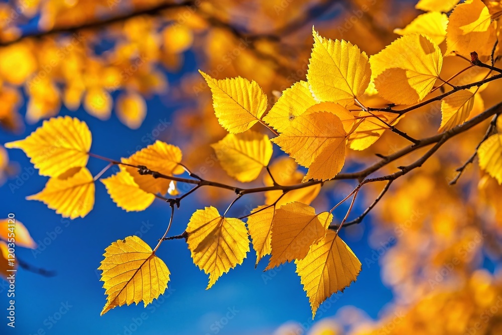 Autumn Branch with Yellow Leaves Against a Vivid Blue Sky - Stock Photo Autumn Branch with Yellow Leaves Against a Vivid Blue Sky - Stock Photo