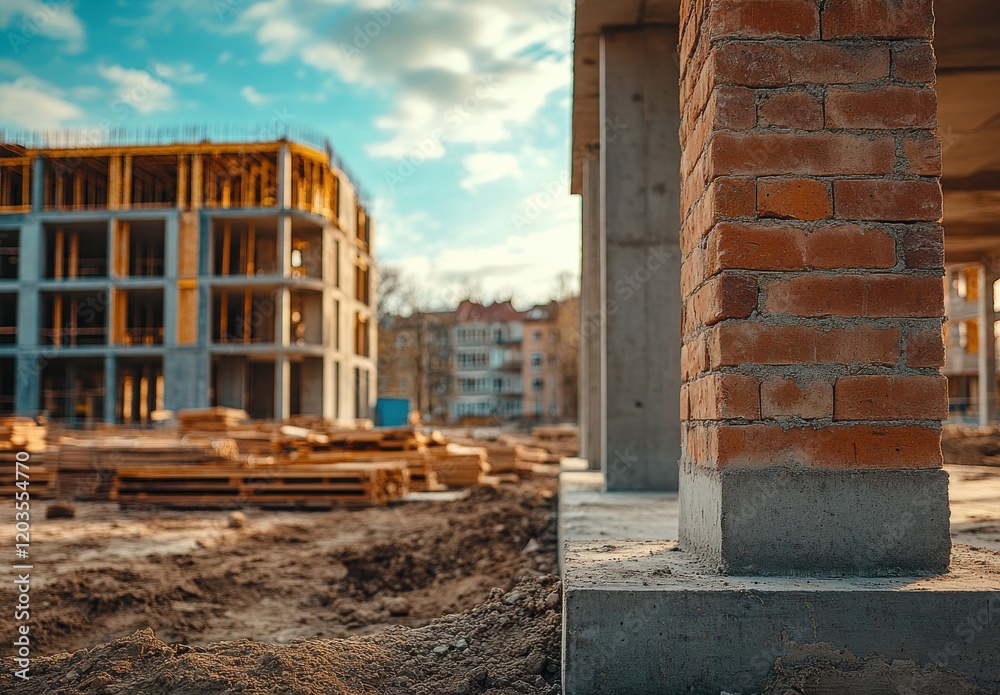 Construction Site Showing Brick Column in Focus with Building Framework and Materials Stacked in the Background During a Sunny Day