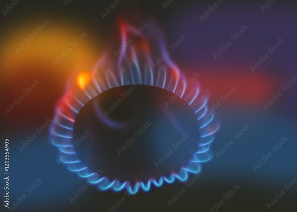 A gas burner on a dark background. Burning gas. A gas burner on a dark background. Burning gas.