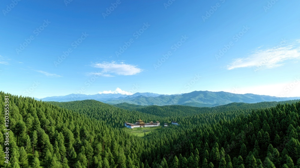Fototapeta premium Mountaintop Temple in Lush Green Forest