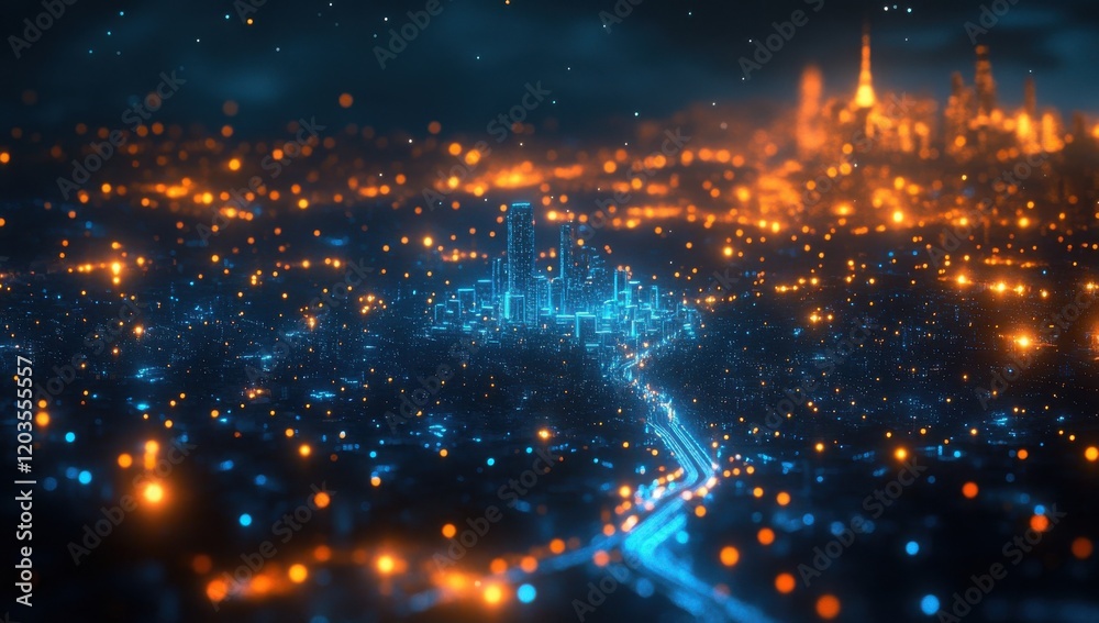 Futuristic Cityscape at Night with Vibrant Blue and Orange Lights Creating an Atmosphere of Innovation and Modern Urban Life in a Digital World