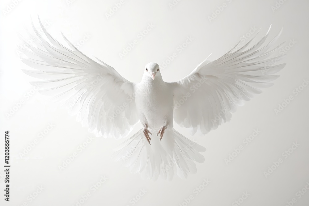 Obraz premium White dove in flight, wings spread wide.