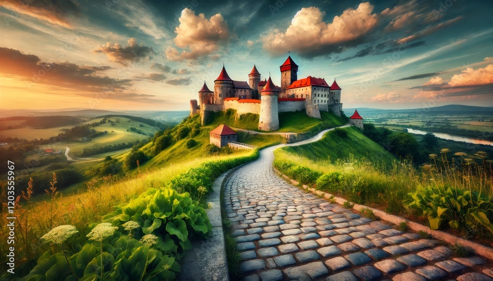 Naklejka premium Bouzov castle standing on a hill at sunset with cobblestone road leading to it