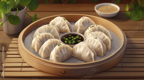 a plate of freshly steamed mandu dumplings, served with a small dish of soy-vinegar dipping sauce and garnished with sesame seeds and green onions, on a bamboo steamer mat