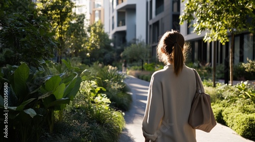 A woman walks down a path in a park. She is wearing a white sweater and carrying a brown purse. The scene is peaceful and serene, with the woman enjoying the natural surroundings photo