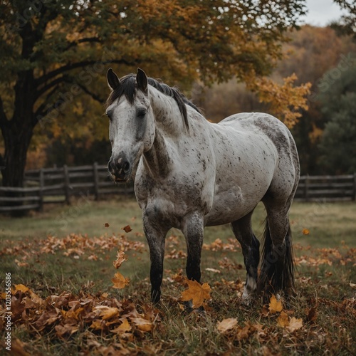 A horse in a pasture with falling autumn leaves swirling around.