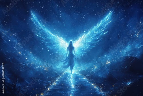 Wallpaper Mural An ethereal fantasy wallpaper of a celestial being with luminous wings, standing on a shimmering path of stars in the middle of a cosmic void Torontodigital.ca