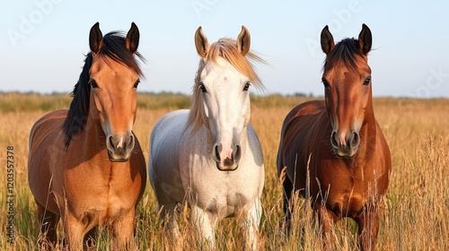 Three horses in a field, summer sun.  Use  Website banner, animal lover