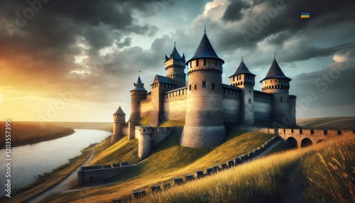 Khotyn fortress standing strong at sunset with ukrainian flag waving