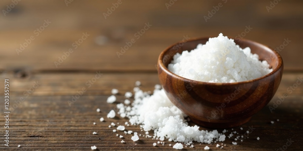 A Wooden Bowl of Coarse Salt Crystals on a Rustic Wooden Surface A Wooden Bowl of Coarse Salt Crystals on a Rustic Wooden Surface