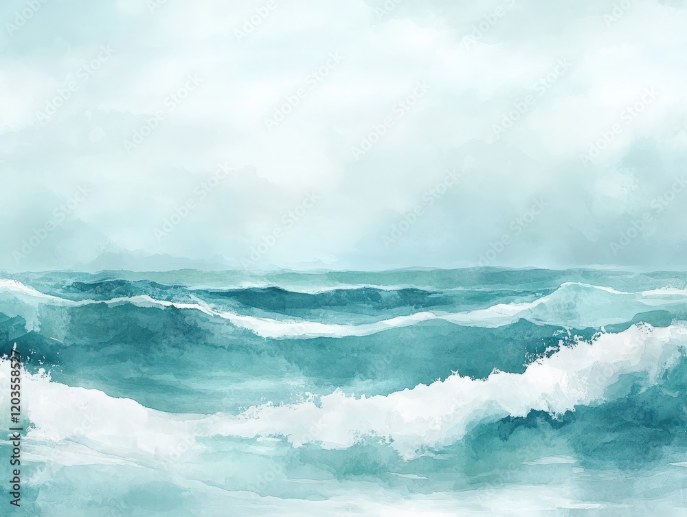 Dreamy watercolor ocean wallpaper featuring waves in shades of teal and aquamarine, with highlights of white foam and a soft gradient sky Dreamy watercolor ocean wallpaper featuring waves in shades of teal and aquamarine, with highlights of white foam and a soft gradient sky