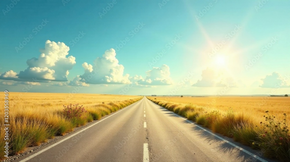 A sunlit highway cuts through a vast golden field, under a brilliant summer sky dotted with fluffy white clouds, promising a journey of endless possibilities. A sunlit highway cuts through a vast golden field, under a brilliant summer sky dotted with fluffy white clouds, promising a journey of endless possibilities.
