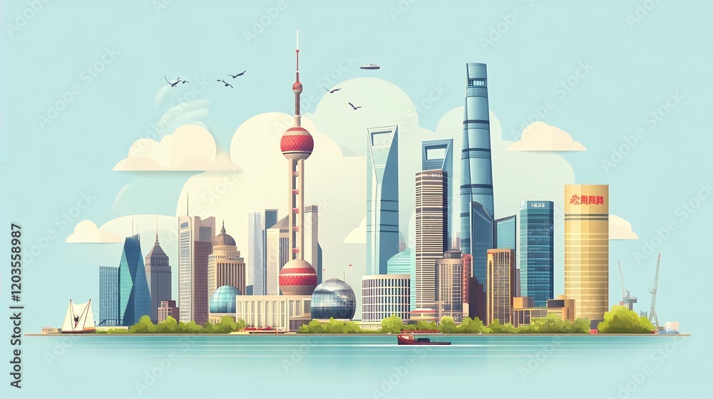 Obraz premium Stunning Shanghai Skyline Illustration Modern Cityscape Art