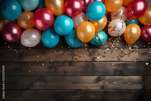 A festive flat lay scene with colorful balloons and scattered confetti on a wooden table, perfect for a birthday greeting card or carnival theme, captured in high-definition clarity. photo