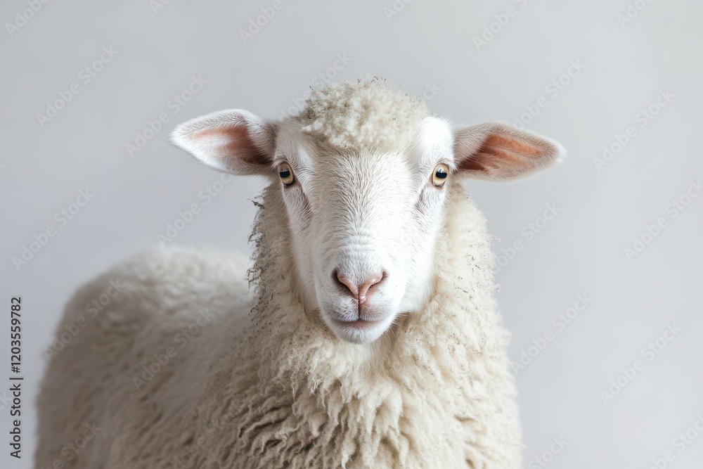 Fototapeta premium A fluffy white sheep stares straight ahead.