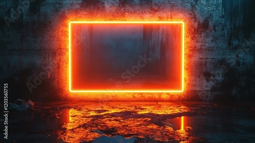 Neon orange rectangular frame radiating a warm glow set against a rough dark concrete background creating a contrast with its soft fluorescent edges in a futuristic urban setting