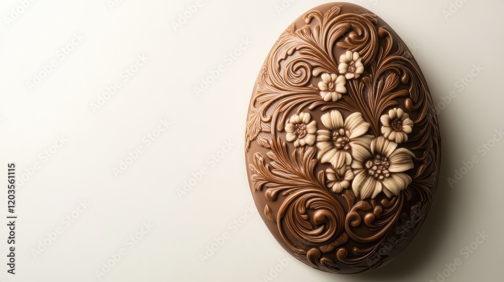 A close-up of a chocolate egg with intricate designs, placed on a clean white background, perfect for elegant Easter themes with copy space. A close-up of a chocolate egg with intricate designs, placed on a clean white background, perfect for elegant Easter themes with copy space.