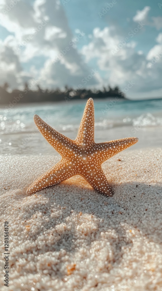 Christmas starfish ornament on sandy beach with ocean background Christmas starfish ornament on sandy beach with ocean background