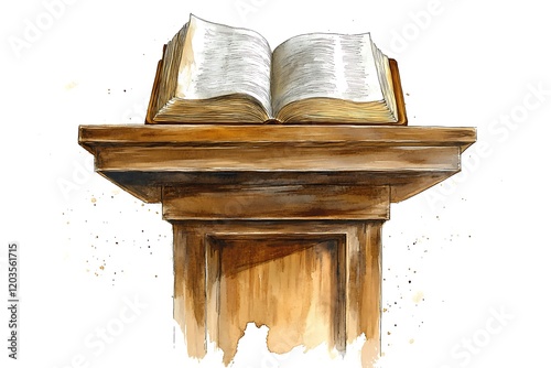 Hand-painted podium with open Bible, perfect for religious imagery.