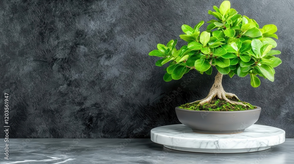 Beautiful bonsai tree on a stone table against a textured background. Beautiful bonsai tree on a stone table against a textured background.