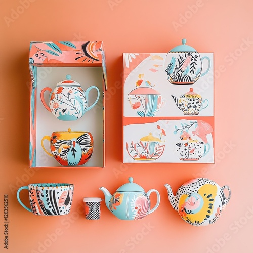 Colorful Teapot and Cup Set: A delightful collection of whimsical teapots and cups, each with a unique hand-painted design.  A playful pop of color adds a touch of joy to any kitchen or tea party.
