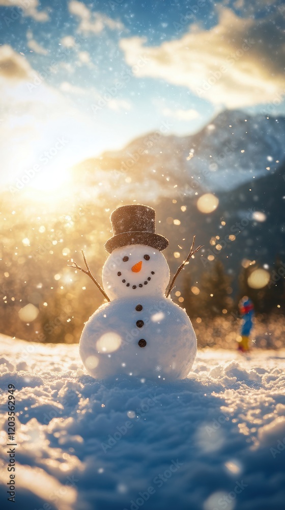 Obraz premium Snowman in sunny mountain field with children playing in snow