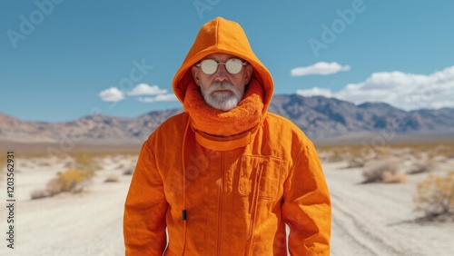 A high-fashion photo featuring an old male model in orange outfit avant-garde futuristic design. Desert landscape as a background.