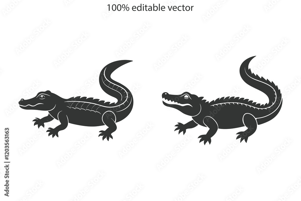 Fototapeta premium Crocodile Vector black and white art design. silhouette logo icon. Crocodile icon vector illustration design on white background.