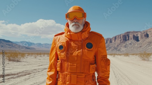 A high-fashion photo featuring an old male model in orange outfit avant-garde futuristic design. Desert landscape as a background.
