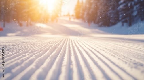 Sunlit winter ski slope with groomed snow and ski tracks