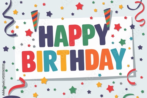 Joyful birthday scene with HAPPY BIRTHDAY banner confetti