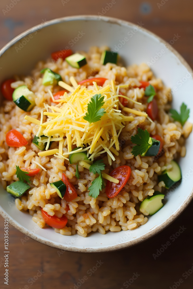 A bowl of flavorful rice is topped with vibrant vegetables, melted cheese, and a sprinkle of fresh herbs, forming an enticing dish on a wooden surface. A bowl of flavorful rice is topped with vibrant vegetables, melted cheese, and a sprinkle of fresh herbs, forming an enticing dish on a wooden surface.