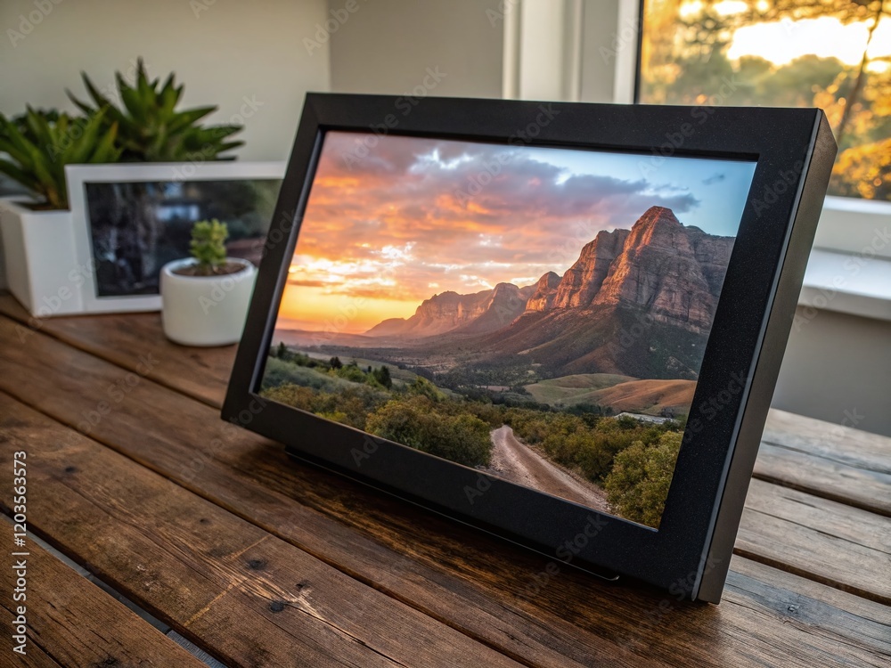 Fototapeta premium Black Wooden Frame Mockup on Stunning Mountain Landscape Stock Photo