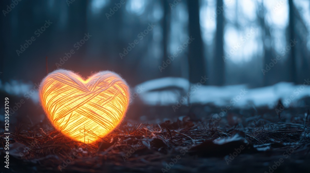 Fototapeta premium Softly lit heart-shaped yarn glowing in foggy winter forest. Winter romance decoration