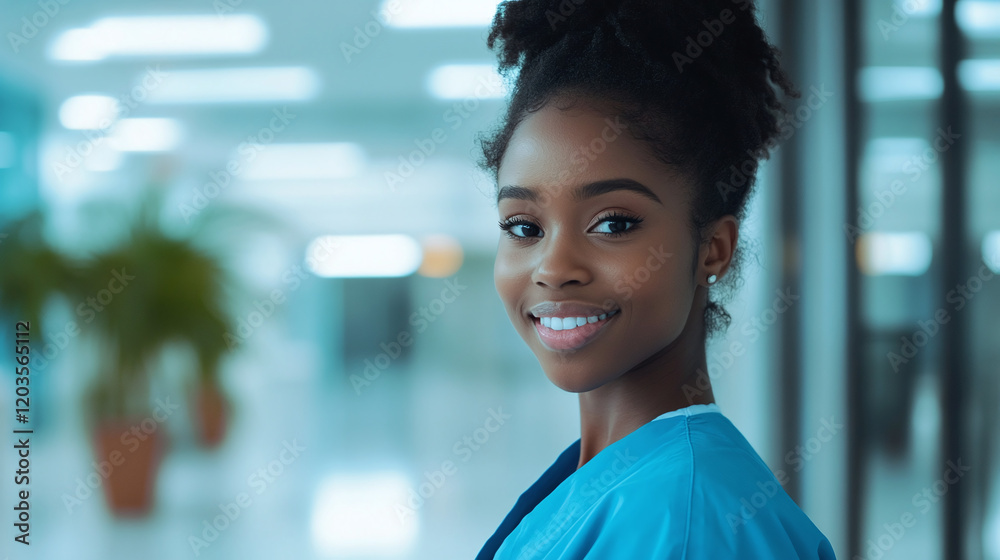 Portrait of a smiling African American young woman nurse in a blue robe in hospital corridor