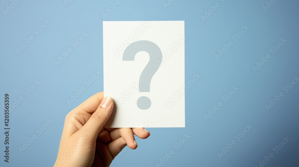 Hand Holding White Question Mark Card Against Light Blue Background Hand Holding White Question Mark Card Against Light Blue Background