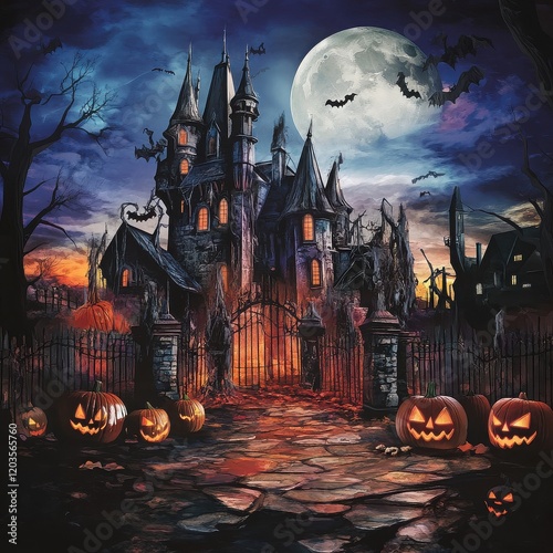 Haunted Castle Under a Full Moon:  A sinister, imposing gothic castle silhouetted against a brooding, night sky, bathed in the eerie glow of a full moon.