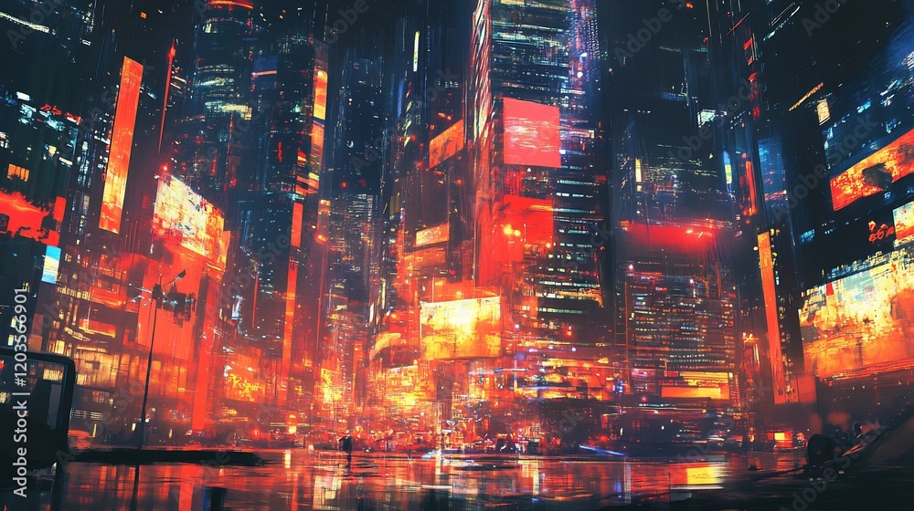 Fototapeta premium Vibrant city nightscape glows warmly under intense neon light reflecting on wet streets. AI Generated