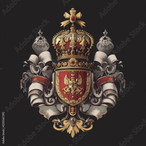 Royal Coat of Arms: An ornate and majestic coat of arms, featuring a crown, shield, scrollwork, and regal symbols, evokes a sense of history, power, and heritage.