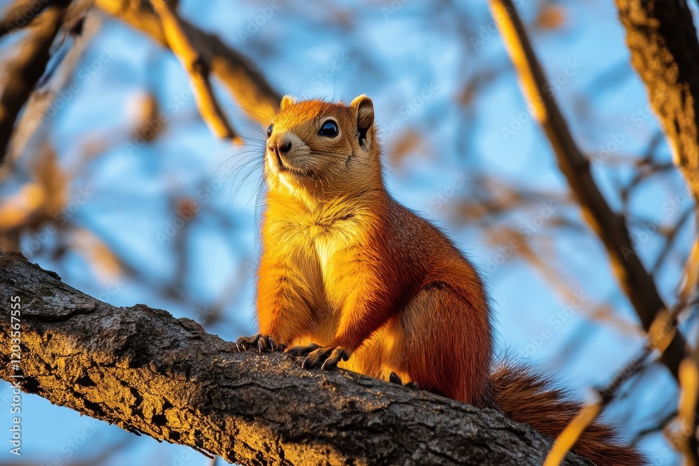 Golden hour sunlight bathes a vibrant red squirrel perched on a branch. Golden hour sunlight bathes a vibrant red squirrel perched on a branch.