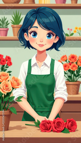 Drawing Girl Florist Packaging a Bouquet in a Flower Shop: Creativity and Care in Bloom