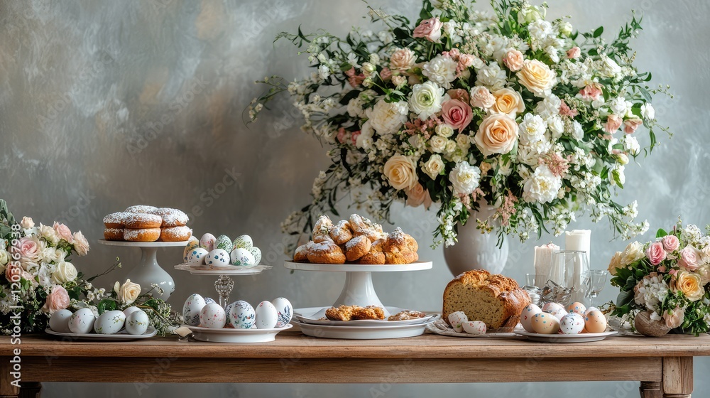 Fototapeta premium A rustic Easter brunch setting with a wooden table, fresh baked goods, painted eggs, and a floral arrangement, leaving ample room for designs.