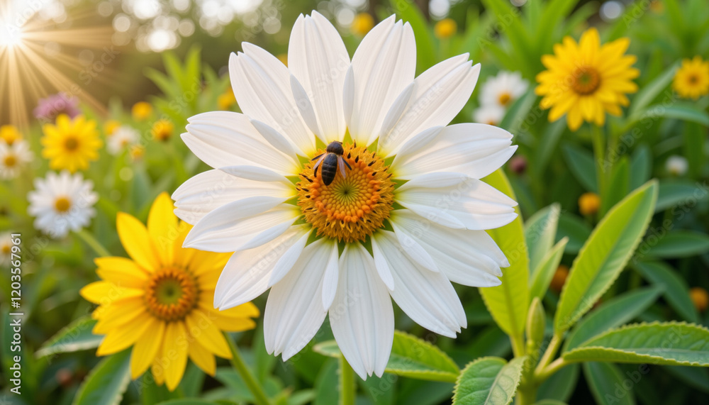 Vibrant flower with bee in sunny garden, nature's beauty. The dangers of allergies. Vibrant flower with bee in sunny garden, nature's beauty. The dangers of allergies.