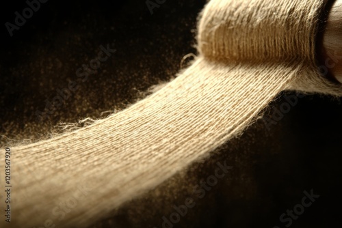 Spool of natural jute fiber thread unraveling in warm light
