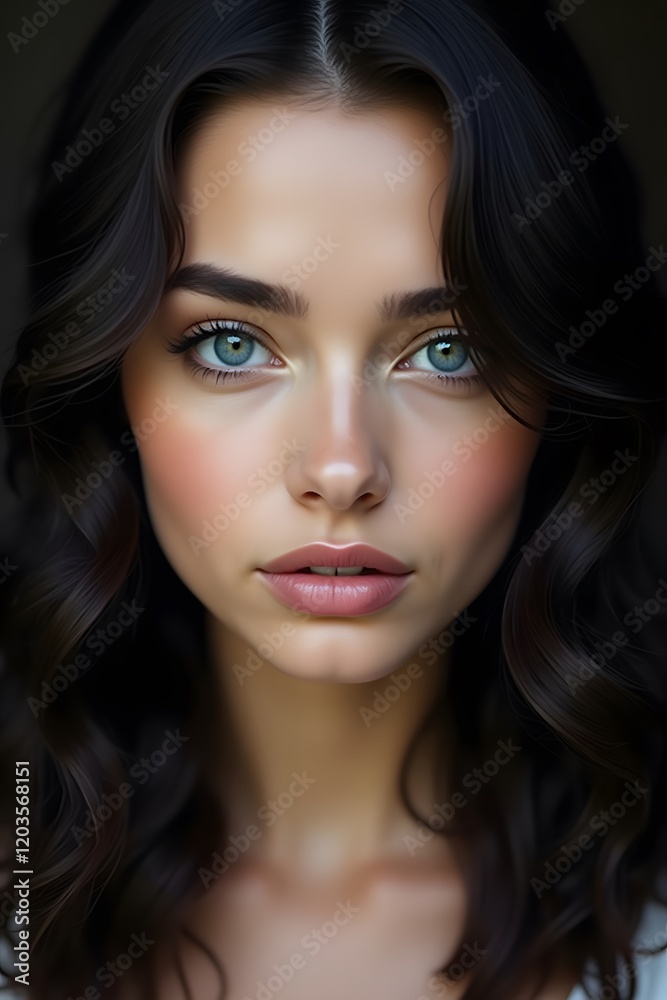 Close up portrait of a beautiful woman with striking blue eyes and wavy dark hair. Close up portrait of a beautiful woman with striking blue eyes and wavy dark hair.