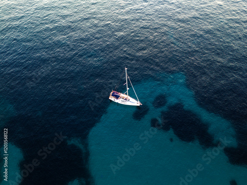 High-angle aerial drone view of a sailing yacht gliding through the turquoise waters near Marseille, France, with a stunning backdrop of the Mediterranean coastline.
